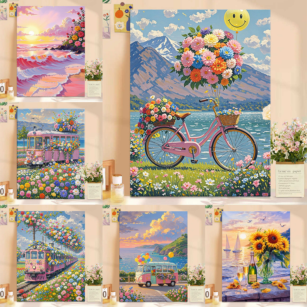 ลอยไป ระบายสีตามตัวเลข ดอกไม้ รถไฟ ภาพวาดผ้าใบตามตัวเลข ภาพวาดสีน้ํามันดิจิตอลตามตัวเลข ของตกแต่งบ้าน