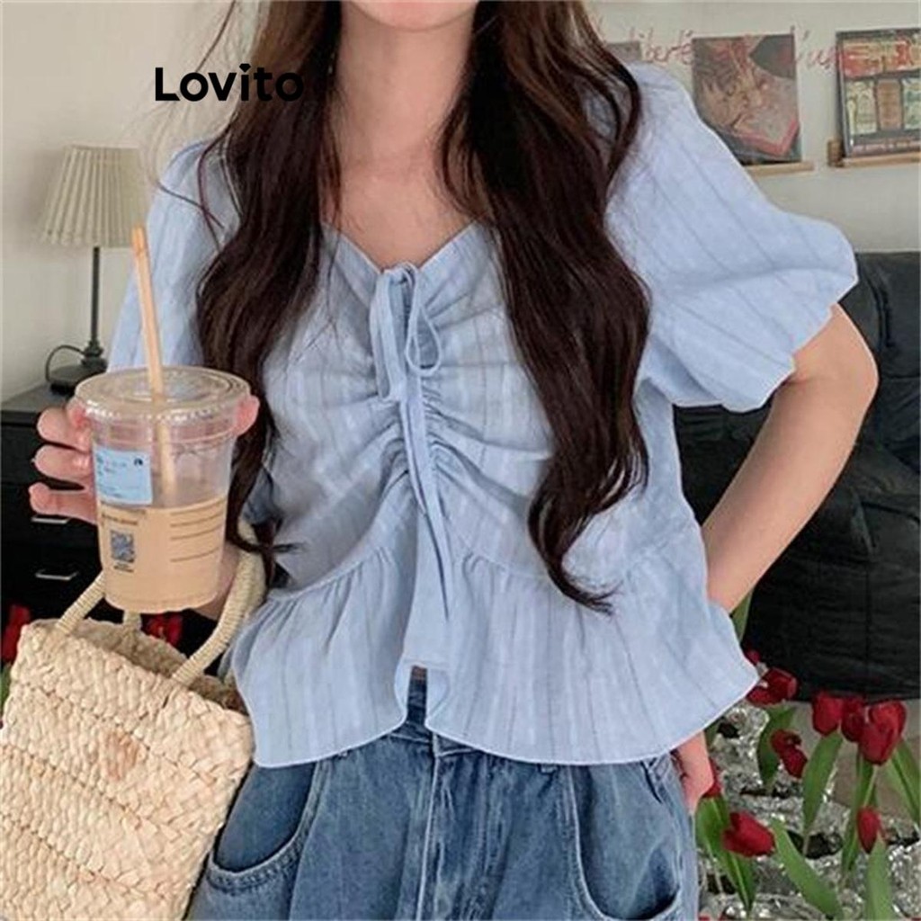 Lovito เสื้อเบลาส์ลายทางลำลองสำหรับผู้หญิง LNE71762