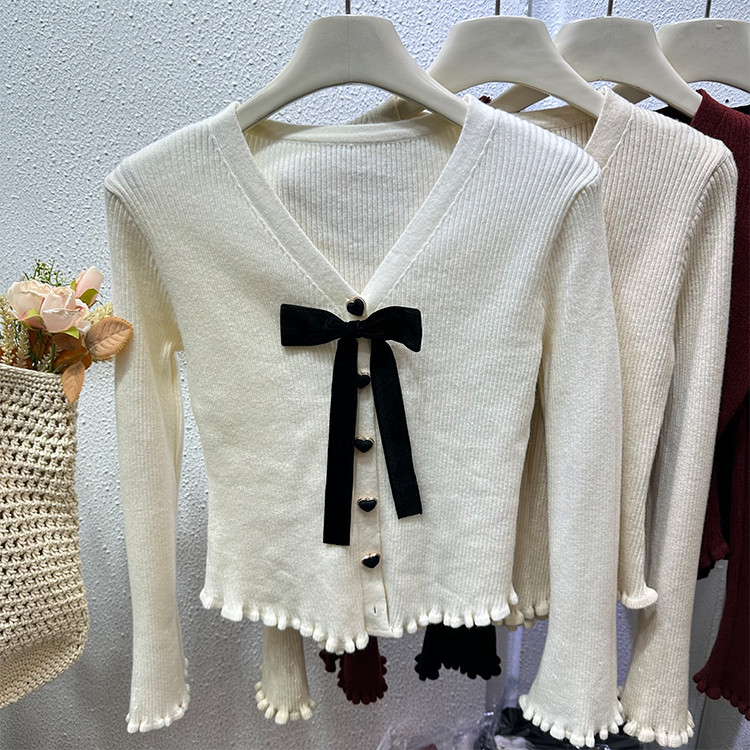ผู้หญิงโบว์ถักคาร์ดิแกนฤดูใบไม้ร่วงคอวีแขนยาวแฟชั่นหรูหราด้านบน