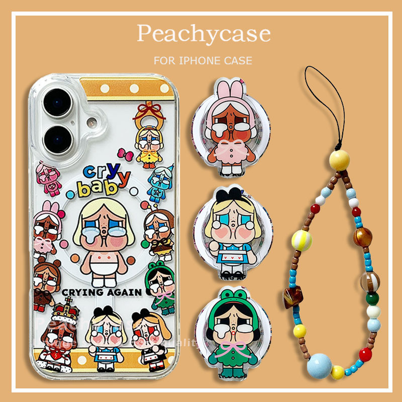 การ์ตูน Popmart Crybaby Girl Holder ไร้สายชาร์จแม่เหล็กเคสโทรศัพท์สําหรับ iPhone 16 15 Plus 14 13 12 Pro Max 11 พร้อมโซ่อะคริลิคฝาหลัง Anti-scratch ปลอก