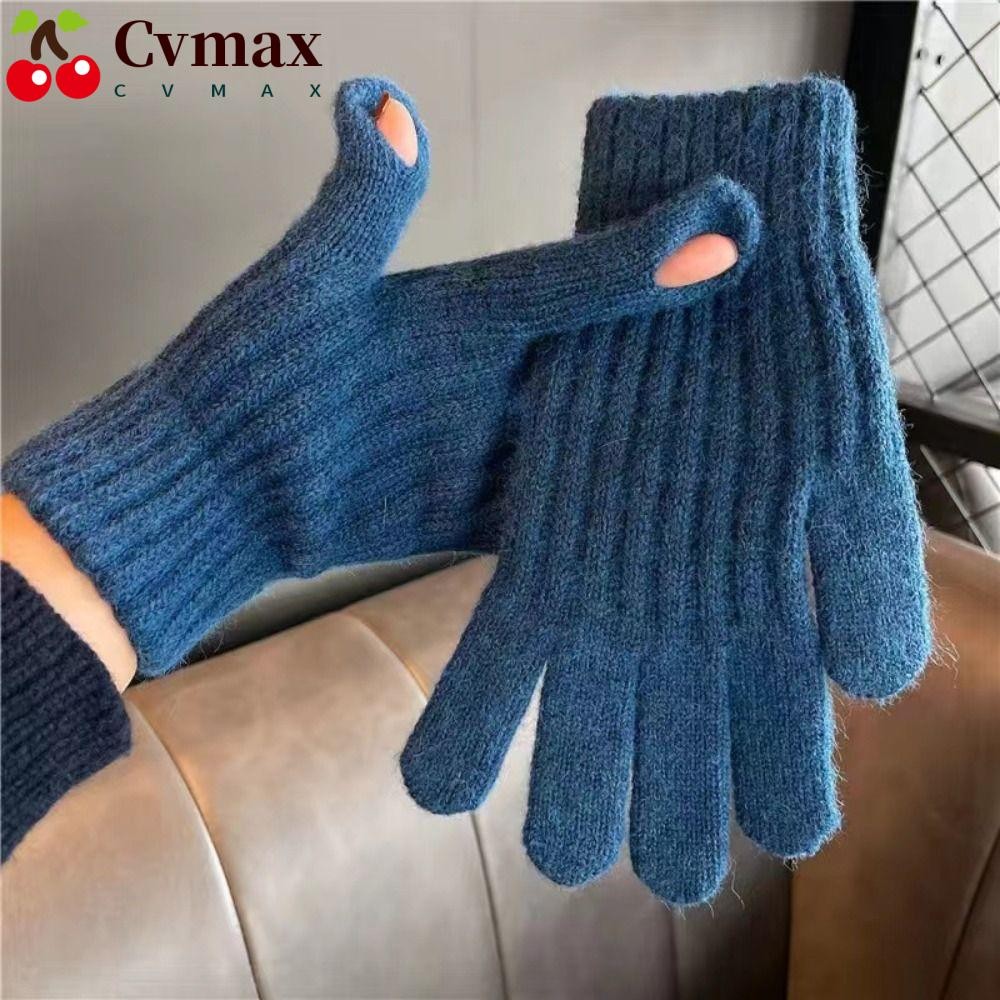 ถุงมือถักผู้หญิง CVMAX, ถุงมือเต็มนิ้วนุ่มสีทึบ, หน้าจอสัมผัสกันลมหนาถุงมือปั่นจักรยานที่อบอุ่น