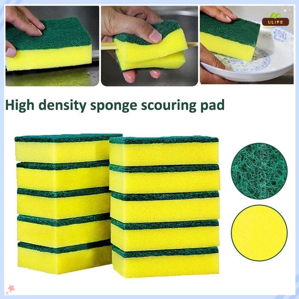 [ULIFE's Home]ฟองน้ําทําความสะอาดสองด้านผ้าแผ่นใยขัดจานซักผ้าทําความสะอาดแปรงขัดฟองน้ําแผ่นกําจัดสิ่