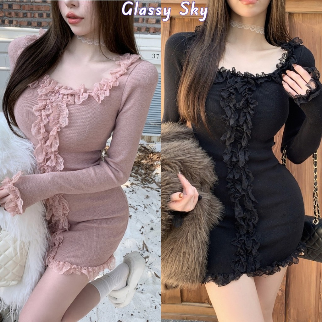 Glassy Sky พร้อมส่ง ชุดเดรสไหมพรมแขนยาว ดีเทลระบายๆลูกไม้ เดรสรัดรูป เซ็กซี่(95158)