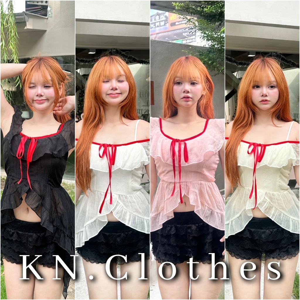 KN.Clothes เสื้อปาดไหล่ สายเดี่ยว ทรงแมงกระพรุน แต่งกุ้นขอบสีแดง Nusa.Style