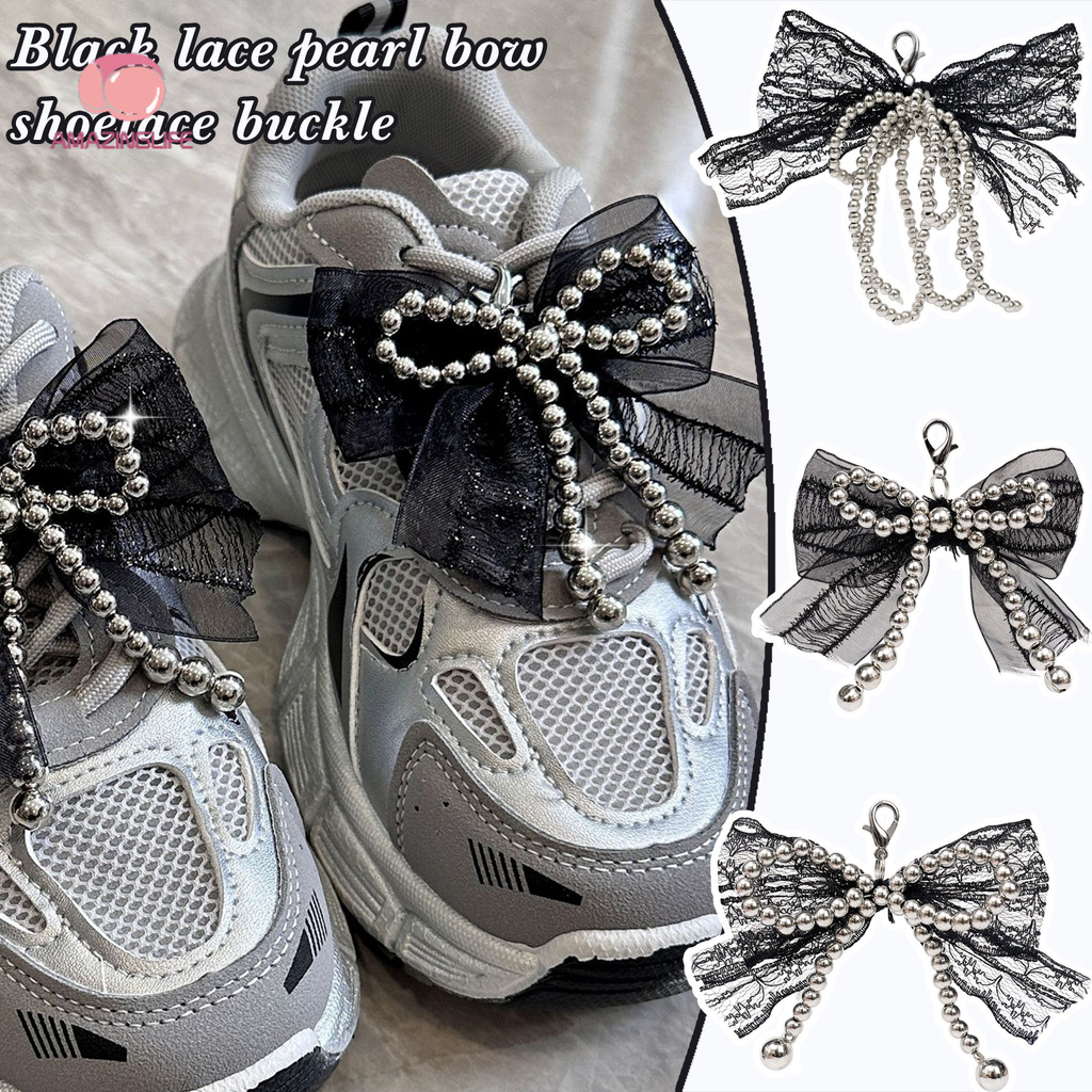 Romance Lace Pearls Bead String Bowknot Shoelaces Decor Buckle - DIY Sweet Pearl Bow จี้หัวเข็มขัดรองเท้าอุปกรณ์เสริม