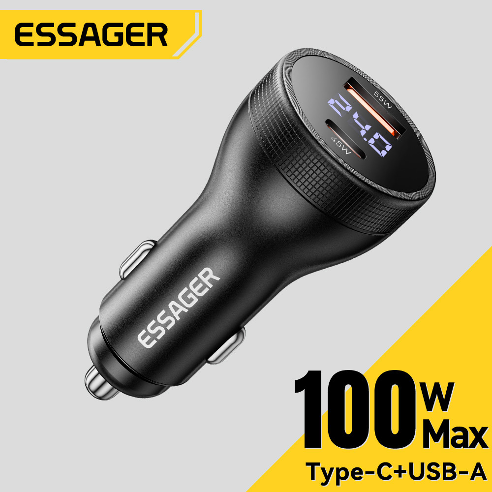 Essager 100W A+C Car Charger Super Flash Charger พร้อมจอแสดงผลดิจิตอลรองรับ PD3.0/QC3.0/QC4.0/Huawei FCP/SCP/Samsung AFC/SuperVOOC/VIVO Flash Charging
