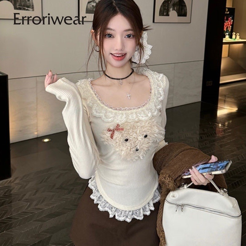 ข้อผิดพลาด เสื้อยืดผู้หญิง 2024 น่ารักสุนัข ปะ คอยูแขนยาวขอบลูกไม้สลิมฟิตเสื้อลําลอง