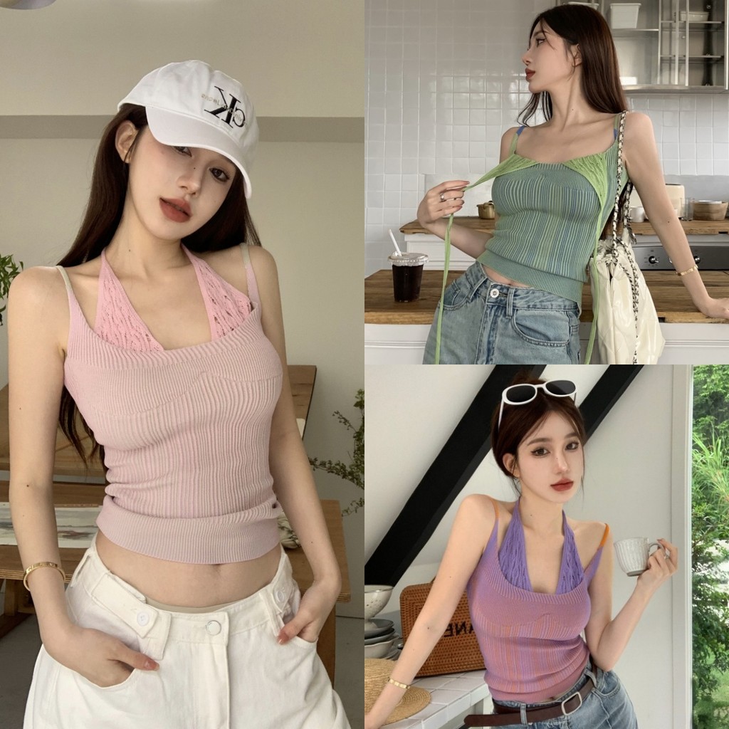 Soroh เสื้อสายเดี่ยว ไหมพรม เพิ่มสายคล้องคอ ผ้านิ่ม เสื้อแขนกุด สไตล์เกาหลี ทรงสวย เซ็กซี่ #M5338
