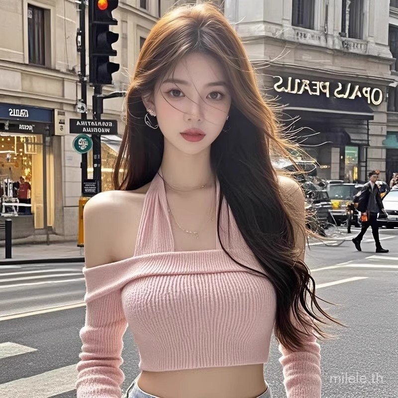Pure Desire Sexy Halter off-the-Shoulder Pink Knitted Slim Bottoming Shirt Women's Design Sweet Hot Girl Crop-Top Short Top