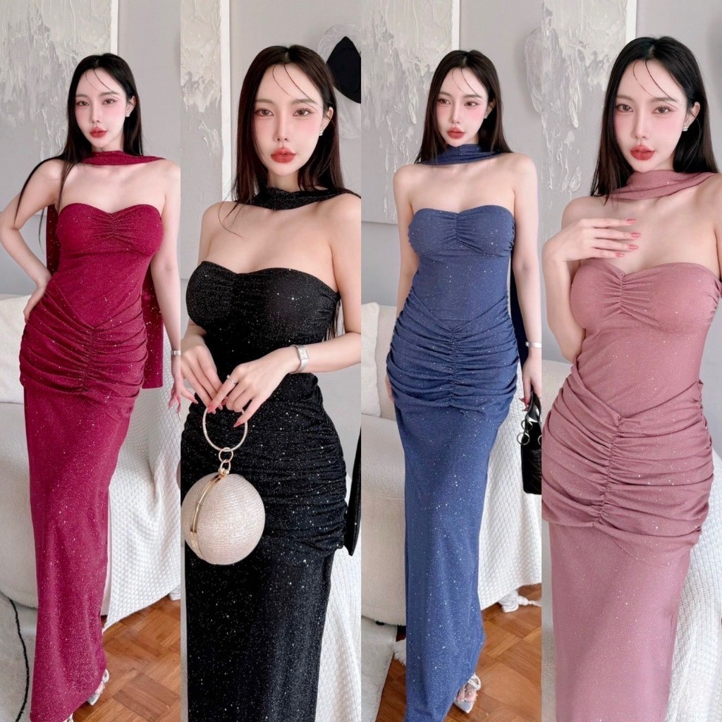 Dinny Dress เดรสออกงาน เดรสยาวเกาะอก รุ่นจีบหน้า+ผ้าพันคอ  ชุดไปงานแต่ง ชุดเพื่อนเจ้าสาว ชุดออกเดท