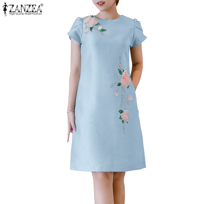 ZANZEA ใส่ ซานเซีย ผู้หญิงเกาหลีสบายๆรอบคอ ลูกบาศก์ ดอกไม้กลีบแขนกระเป๋าชุดพิมพ์