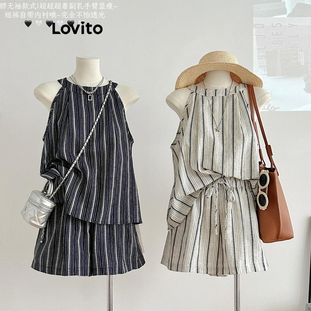 Lovito ชุดเซ็ทกางเกงขาสั้นผู้หญิง ลายทาง ผูกเชือก สไตล์ลำลอง LNM68124