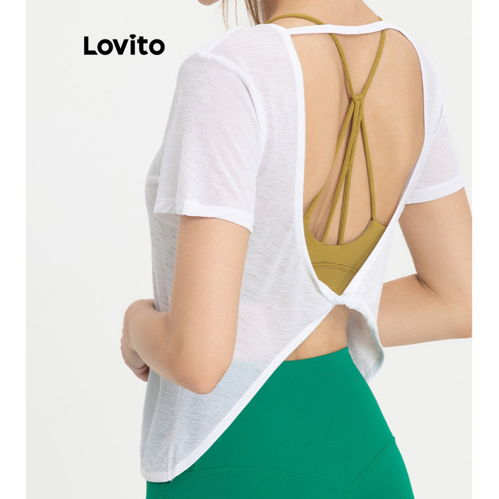 Lovito เสื้อยืดกีฬาเปิดหลังแบบสปอร์ตธรรมดาสำหรับผู้หญิง LNL71370