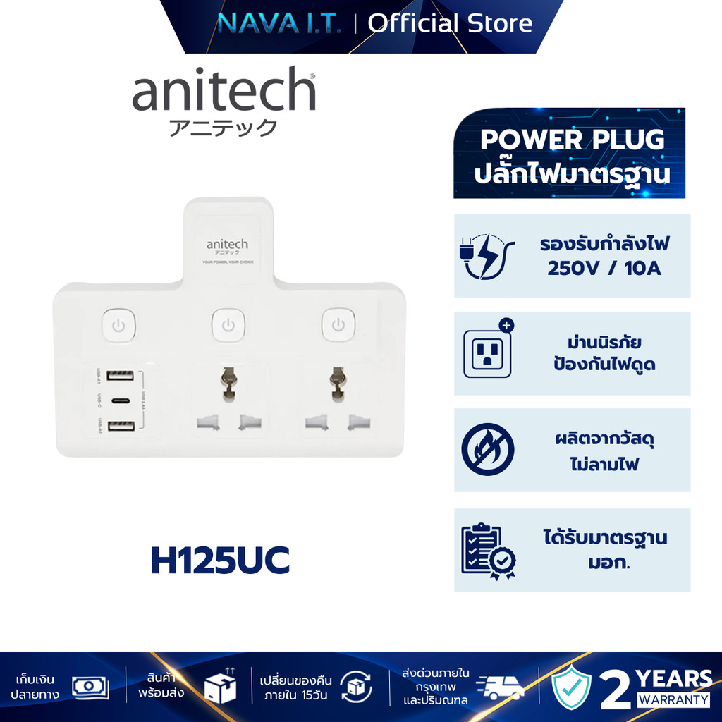 ANITECH H125UC-WH ปลั๊กไฟ 2 ช่อง 3 สวิตช์ 2 USB-C รับประกัน 2 ปี