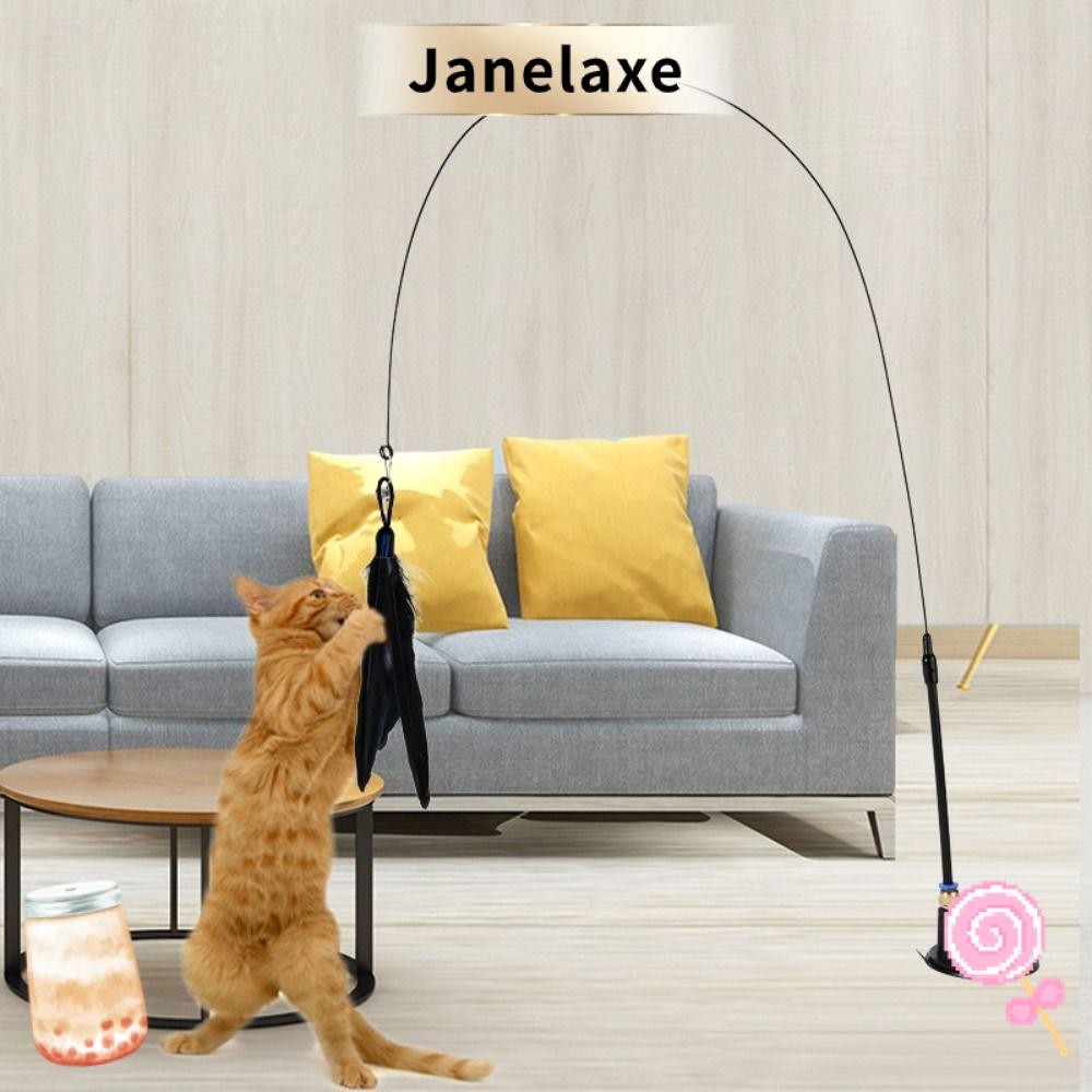 Janelaxe932 แมวของเล่น,เสายาว Bell Feathers Wand, Super ดูดถ้วยที่ถอดออกได้ Bite-ทน 80 ซม. Cat Teasing Wand Cat Accesorios