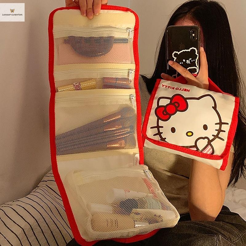Cod Sanrio Hello Kitty กระเป๋าเครื่องสําอางการ์ตูนน่ารักความจุขนาดใหญ่พับกระเป๋าเดินทาง Kawaii กระเป๋ามือถือแบบพกพาใหม่