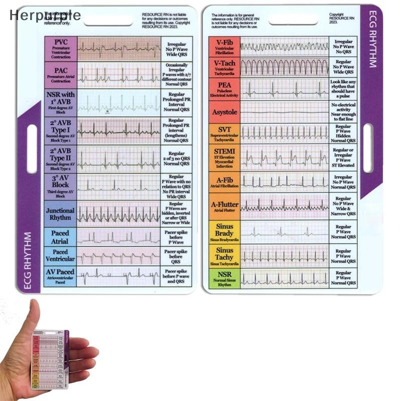 Herpurple ECG/EKG Rhythm Pocket Card การออกแบบสองด้าน EKG Rhythm Interpretation Badge Card ECG Rate Pocket Cards EKG Calipers TH