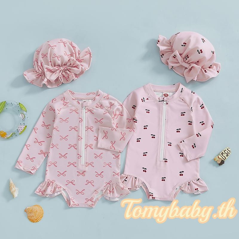 Tomybaby-เด็กทารกผื่นยามชุดว่ายน้ําแขนยาวโบว์/เชอร์รี่พิมพ์ชุดว่ายน้ําพร้อมหมวกกันแดด