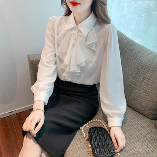 ฝรั่งเศสฤดูใบไม้ผลิฤดูใบไม้ร่วงสไตล์ใหม่สีขาว Lace-Up Bow เสื้อแขนยาวแฟชั่นอารมณ์ Simple All-Match Slim-Fit Age-Reduction สุภาพสตรีแฟชั่นด้านบน