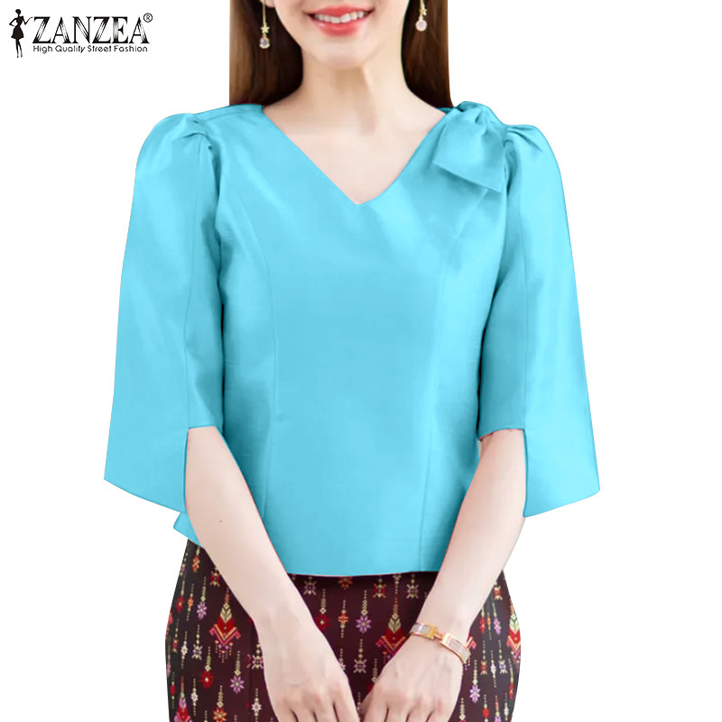 Zanzea ผู้หญิงคอวีไม่สม่ําเสมอ3/4 แขนเอวเสื้อลําลองหรูหรา