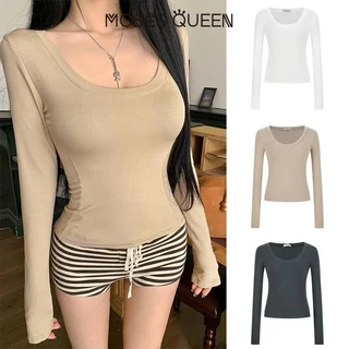 MOSESQUEEN คอต่ํา กระดูกไหปลาร้า เครื่องเทศ สาว จุดต่ําสุด เสื้อแขนยาวเสื้อยืดผู้หญิงฤดูใบไม้ร่วงและฤดูหนาวใหม่พื้นฐานภายในสแควร์ปกสวยด้ #62811