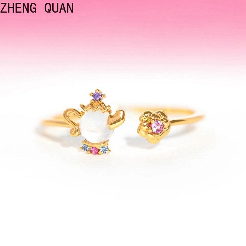 Vintage Rose เทียนกาน้ําชา Cubic Zirconia แหวนปรับแหวนทองแดง Bohemian Stackable เครื่องประดับของขวัญสําหรับผู้หญิงแฟชั่น