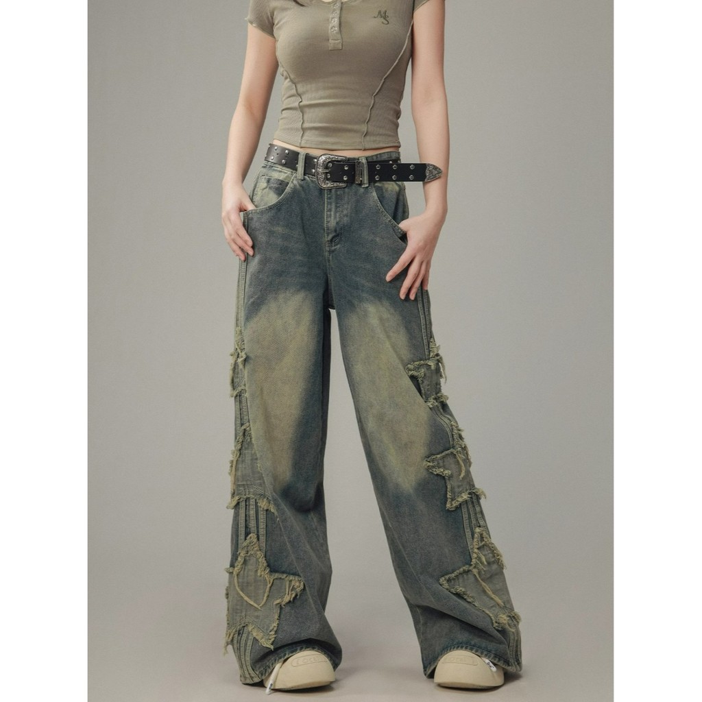 ลายดาวห้าแฉกกางเกงยีนส์อเมริกันกางเกงขาตรงผู้หญิงหลวมย้อนยุคกางเกงยีนส์ขากว้างผู้ชาย