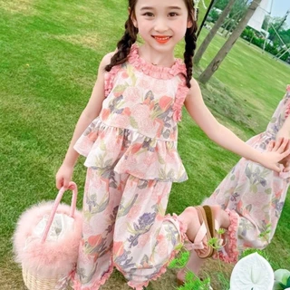 ชุดดอกไม้สำหรับเด็กผู้หญิง ชุดฤดูร้อนใหม่ เสื้อกั๊กและกางเกงขากว้าง ชุดสองชิ้นสำหรับเด็กทารกผู้หญิง