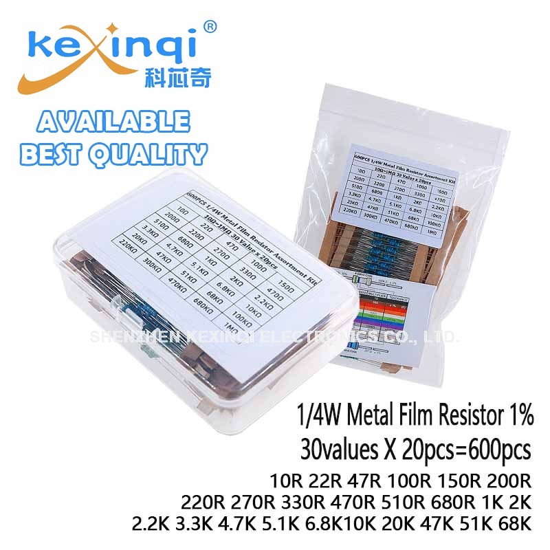 30 ค่า 1/4W Resistor Assorted Kit 1% ฟิล์มโลหะ 10R 47R 100R 220R 330R 470R 510R 1K 5.1K 6.8K 10K 47K