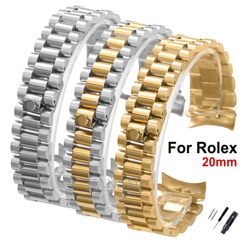20 มม.ปลายโค้งนาฬิกาโลหะสําหรับ Rolex Water Ghost Datejust สายคล้องสร้อยข้อมือสแตนเลสคลาสสิก 3-bead สร้อยข้อมือผู้ชายผู้หญิงนาฬิกาอุปกรณ์เสริม