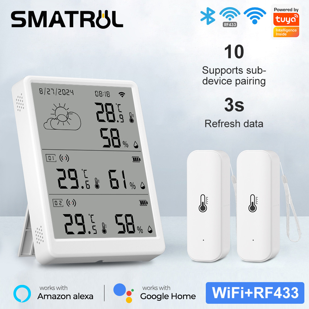 SMATRUL Tuya WiFi Smart Home Temperature and Humidity Sensor Kit LCD Wi-Fi +RF433 Host and 433mhz Thermometer and Hygrometer