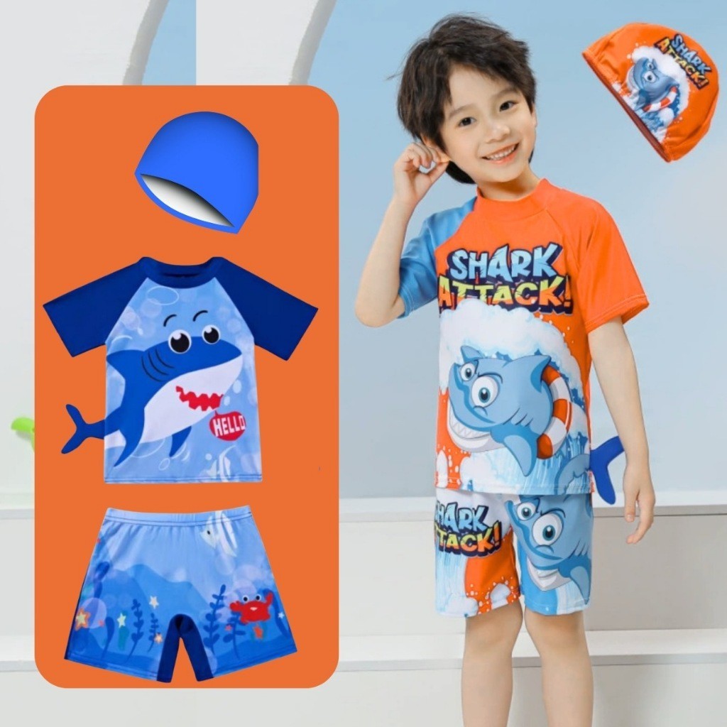 3 In 1 ชุดว่ายน้ําพร้อมหมวกสําหรับเด็กทารกน่ารัก 3D Shark ชุดว่ายน้ําสั้นสําหรับเด็ก