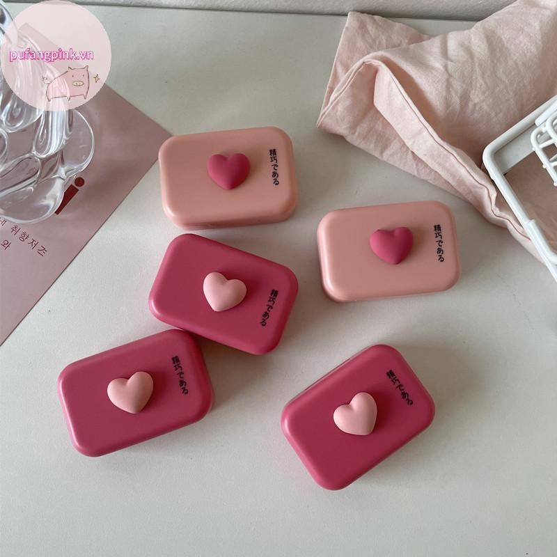 Pufangpink กล่องนักเรียนสีชมพูขนาดเล็กแบบพกพา Double Partner Box Sweet Love กล่องใส่คอนแทคเลนส์ VN