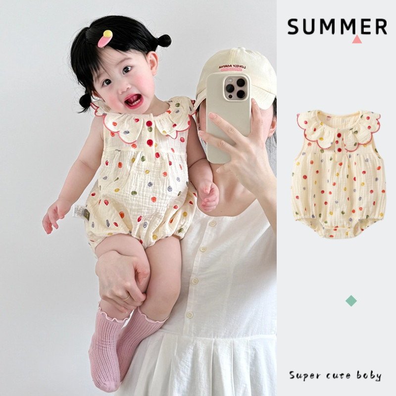 ฤดูร้อนใหม่เสื้อผ้าเด็กสาวบางแขนกุดบอดี้สูท 0-24 เดือนระบายอากาศและสะดวกสบายสี ลาย จุด ชุดรอมเปอร์ สไตล์เกาหลี