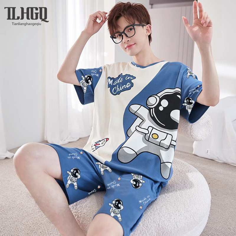 TLHGQ  (มี 14 ลาย)ชุดนอนลําลองผู้ชายฤดูร้อน ผ้าไหมนมสบายแขนสั้นและกางเกงขาสั้นหลายสี