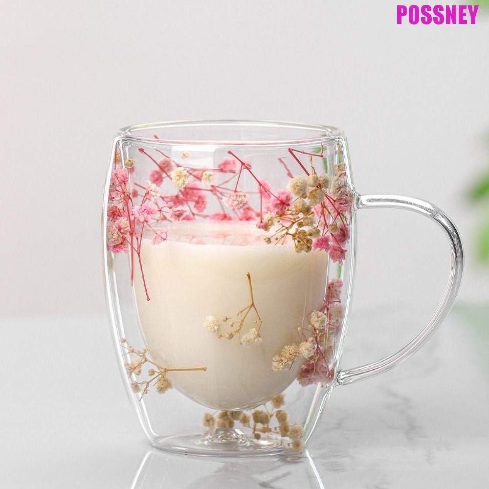 POSSNEY ถ้วยน้ํา, 250/350/450ML แก้วกาแฟโรแมนติก, Drinkware ทนความร้อนดอกไม้สองชั้นภายในถ้วยเอสเปรสโซคาปูชิโน่