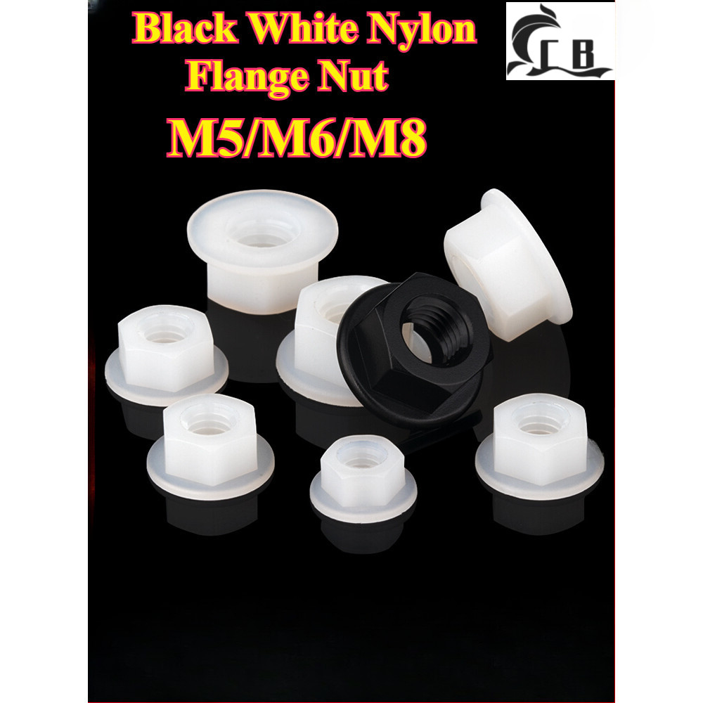 [CB-FLLM] น็อตหน้าแปลนไนลอนสีดําสีขาว M5/M6/M8 น็อตกันลื่นพลาสติกฉนวน, น็อตสกรูล็อค