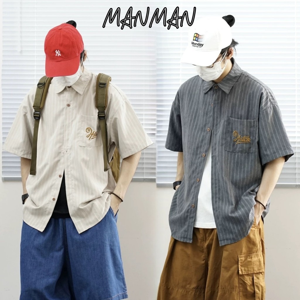 M＆M เสื้อวินเทจสไตล์อเมริกัน เสื้อเชิ้ตแขนสั้น กระเป๋าปักลาย แฟชั่นแบรนด์ยอดนิยม หลวมใส่สบาย