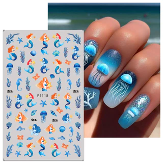 HAMA เล็บเล็บสติกเกอร์ขายส่งชายหาดฤดูร้อน Ocean Goldfish แมงกะพรุนสาหร่าย Dolphin Mermaid ผีเสื้อดอกไม้ตกแต่งเล็บสติกเกอร์ Decals