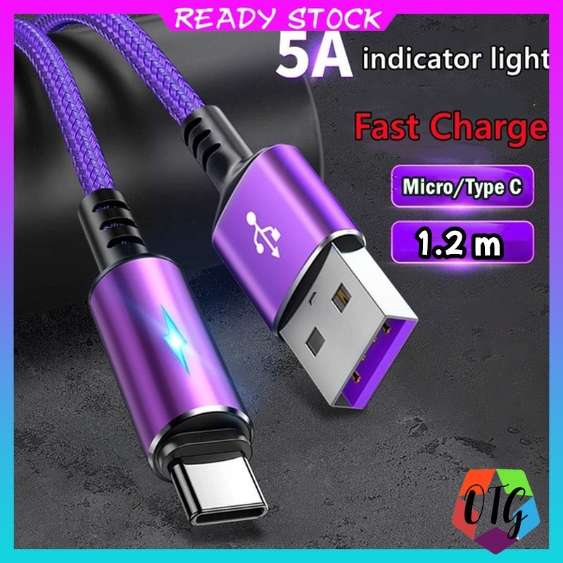 สายชาร์จไนล่อนถัก 1.2 ม. ทนทาน ชาร์จเร็ว & สายเคเบิล Android Micro USB / type c , 5A LED สายเคเบิล for iPhone