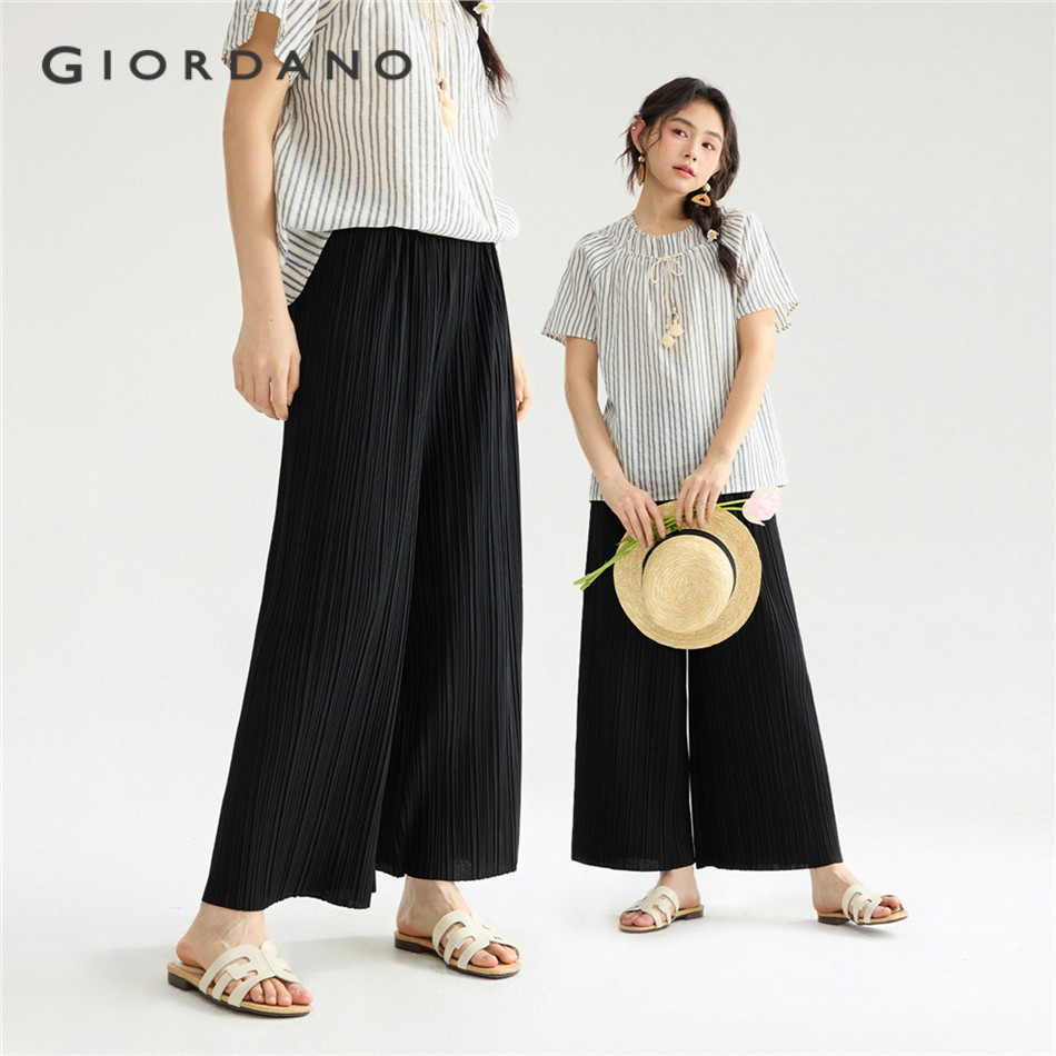 GIORDANO WOMEN Elastic waist pleated wide leg ankle length pants 18425509