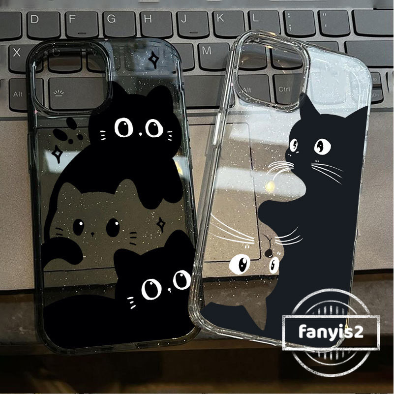 เข้ากันได้กับiPhone 16 15 14 13 12 11 Pro Max X XR Xs Max 7 8 Plus SE2020 แฟชั่นการ์ตูนแมวดําBling Starเคสโทรศัพท์Clear Soft Cover