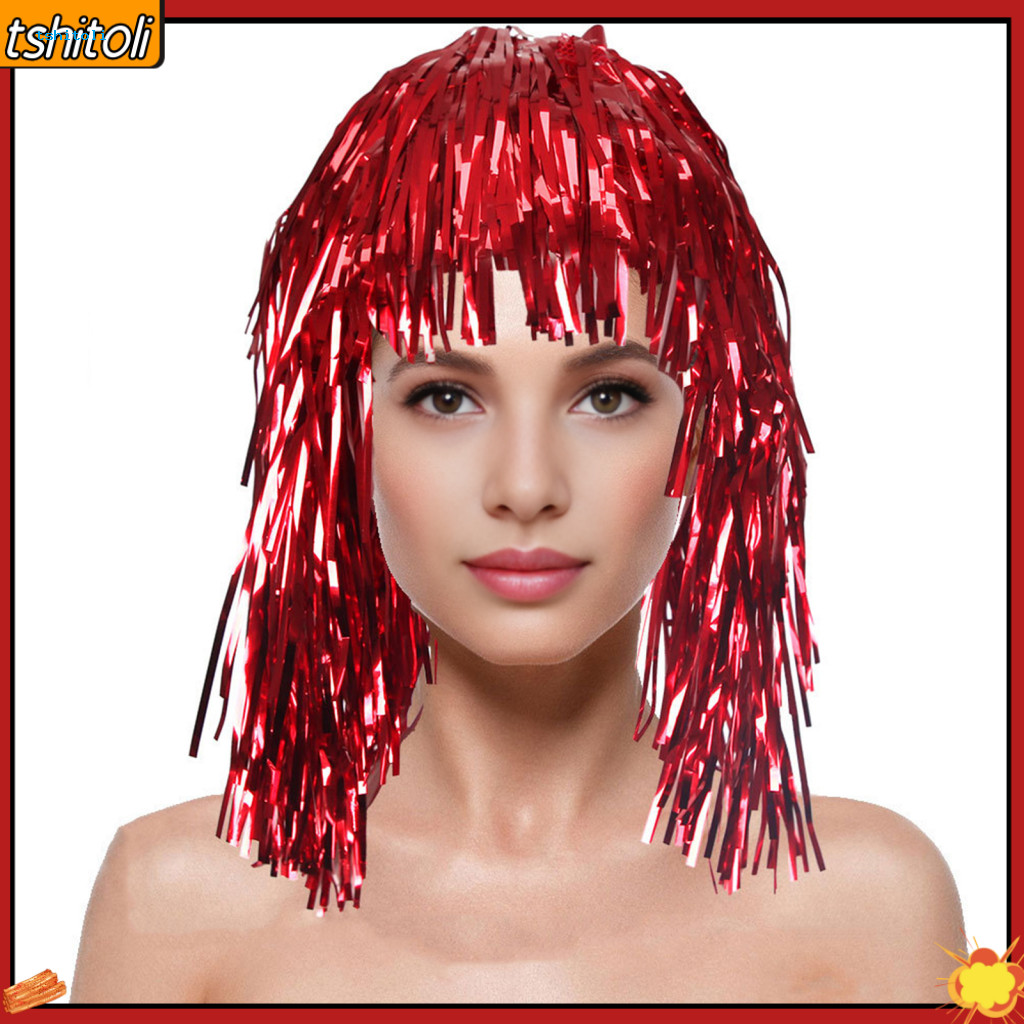 วิกผมยาวfoil tinsel สำหรับงานปาร์ตี้และคอสเพลย์ พร้อมหมวกโลหะดิสโก้