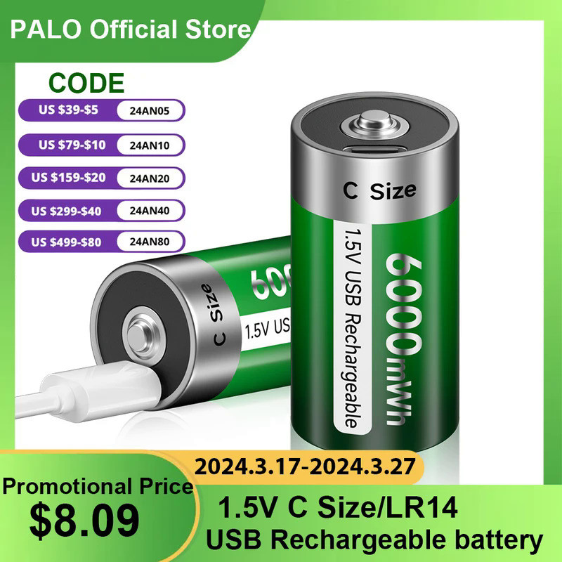 PALO 6000mWh 1.5V C Size Rechargeable Battery Type C USB Charging  R14 LR14 Li-ion C Battery Batteri