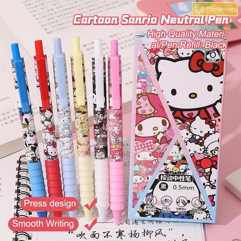{Streamers} 6 ชิ้นการ์ตูน Sanrio Wrig ปากกา Kawaii Hello Kitty Kuromi Melody 0.5 มม.กดปากกาเจลนักเรียนเครื่องเขียนอุปกรณ์สํานักงานของขวัญใหม่