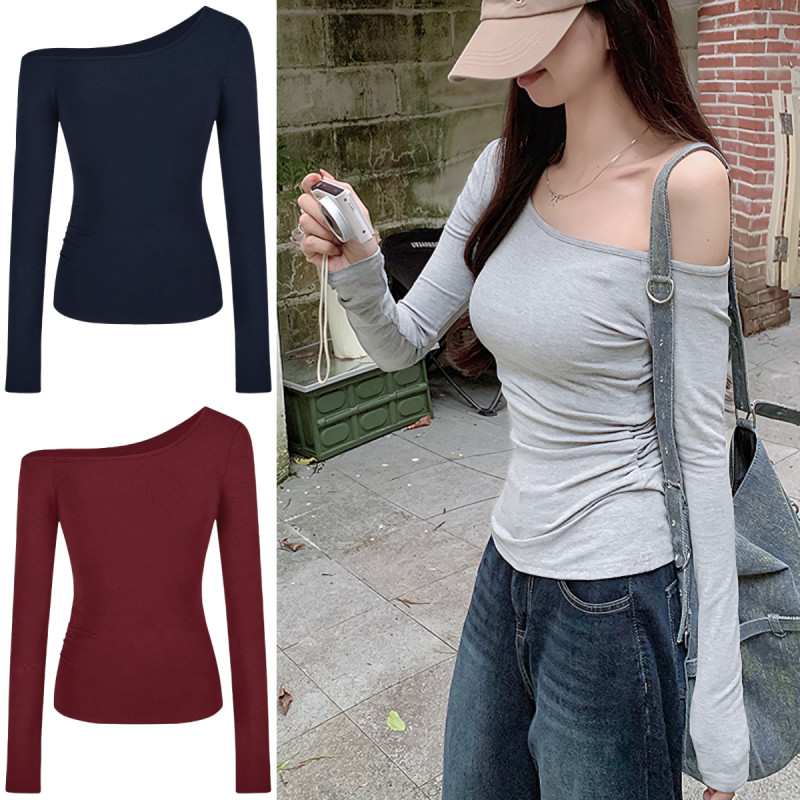 Suysuy พร้อมส่ง เสื้อปาดไหล่ แขนยาว เอวสม็อค 1 ข้าง ทรงสวย แนวเกาหลี ผ้าเรยอน ยืดได้เยอะมาก สาวอวบอ้วนใส่ได้