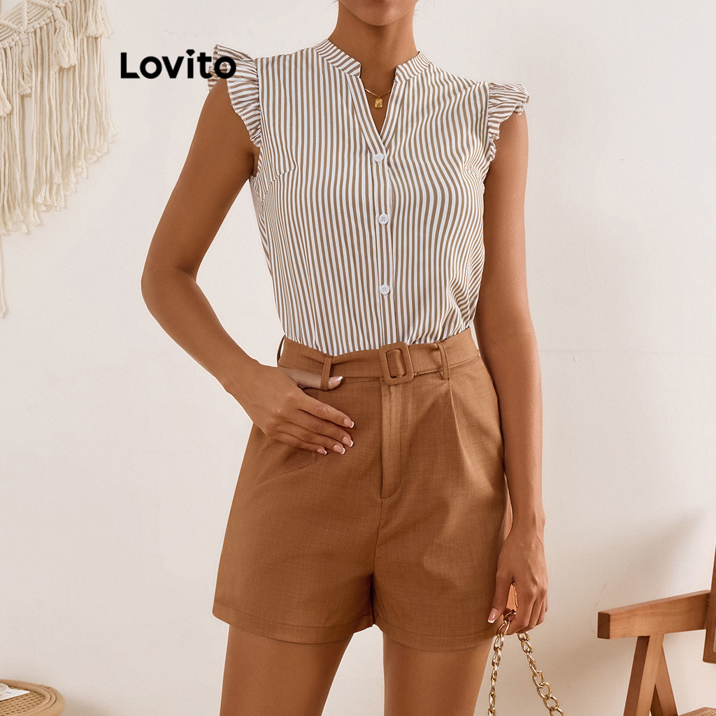 Lovito ชุดกางเกงขาสั้นกระดุมลายทาง โบฮีเมียนสำหรับผู้หญิง LBL17567