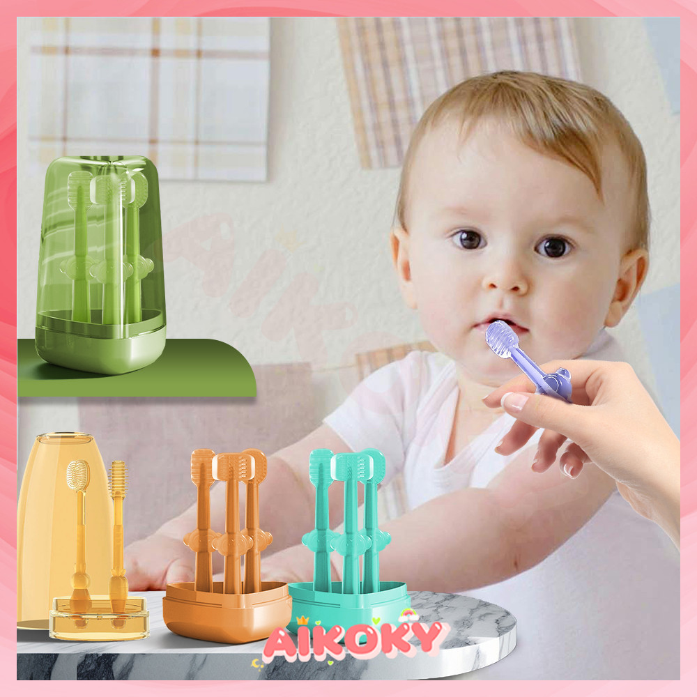 AIKOKY ที่แปรงลิ้น ชุดแปรงสีฟันเด็ก 2 ชิ้น แปรงลิ้น ทําความสะอาดช่องปาก สําหรับเด็กทารก 0-18 เดือน แปรงเด็ก