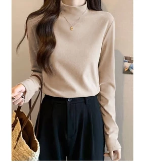 MANSTR [6 สี] ผู้หญิงแขนยาวคอปกสูงความร้อนเสื้อกล้ามนุ่มหนาอบอุ่นเสื้อยืดพื้นฐาน
