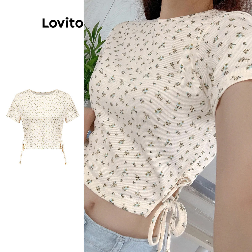 Lovito เสื้อยืดผู้หญิงลายดอกไม้ คริส ข้าม ผูก L98AD022